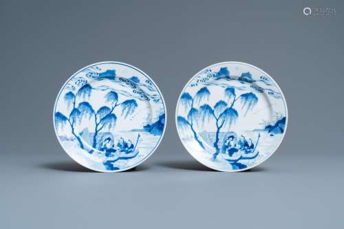 Lot 904: A PAIR OF CHINESE BLUE AND WHITE PLATES WITH A BOAT...