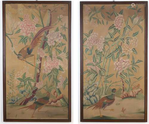 Pair of oil paintings on cardboard. China. 19th c