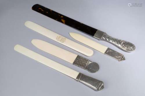 Five silver letter openers. 19th century
