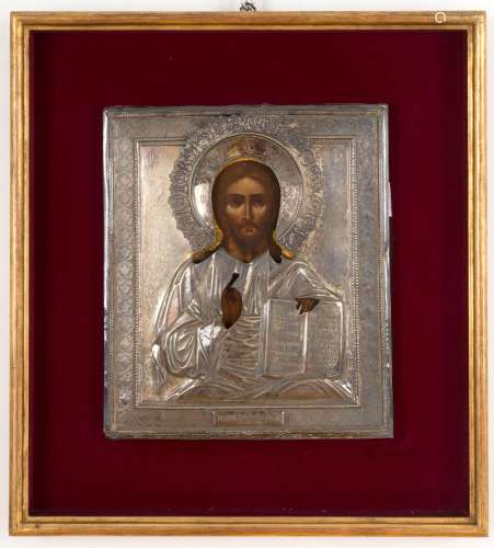 Russian icon on panel with silver riza. 19th c