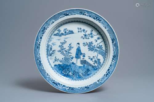 Lot 922: A LARGE DEEP CHINESE BLUE AND WHITE DISH WITH A LAD...