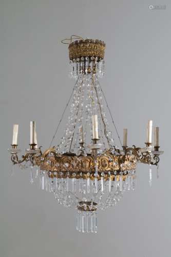 Chandelier in glass and sheet metal. Early 19th c