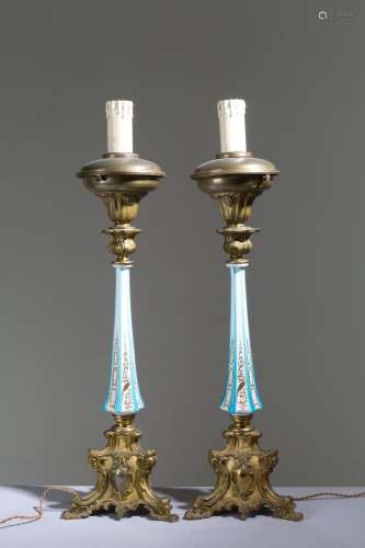 Pair of bronze and porcelain candlesticks-lamps