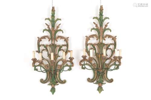 Pair of wooden and iron sconces. Early 20th c