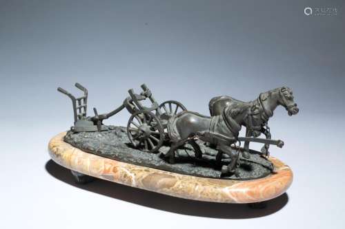 Bronze sculpture 'TWO HORSES WITH A PLOW'. 20th c