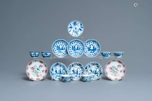 Lot 962: NINE CHINESE BLUE AND WHITE AND FAMILLE ROSE SAUCER...
