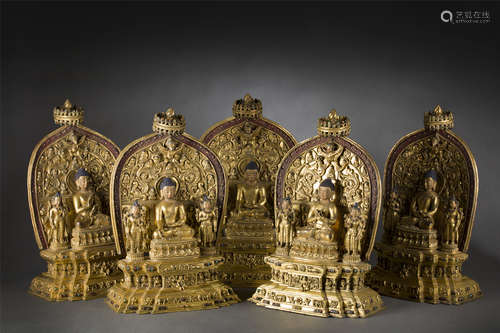 Five of Copper and Golden Squared Buddha Statue from Qing