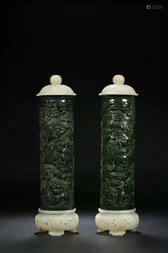 A Pair of Green Jade Incense