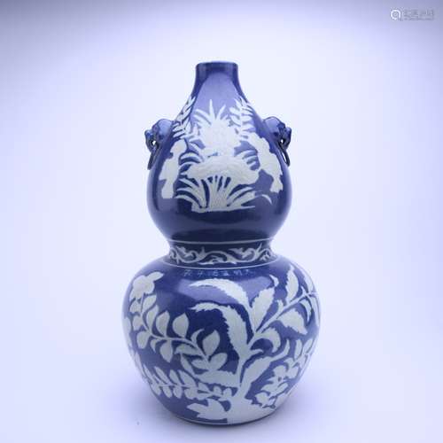 Blue Glazed Painting White Two Beast Ears Calabash Vase