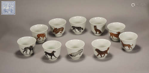 A Set of Famille Rosed Cups with Dog Grain from QianLong