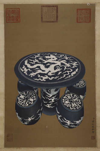 A standing silk scroll by Jiang Tingxi in the Qing Dynasty