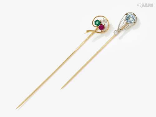 Two tie pins with aquamarine / diamond, ruby, emerald and br...