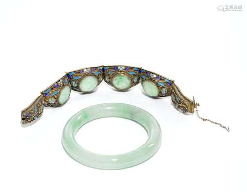 A Silver Bracelet and Jadeite Bangle