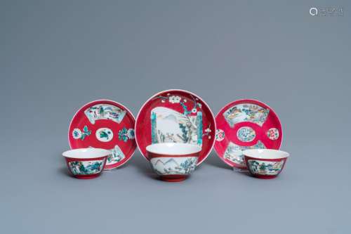 Lot 998: THREE CHINESE FAMILLE ROSE RUBY-GROUND CUPS AND SAU...