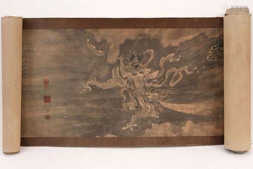 Lange antieke Chinese scroll schildering met de voorstelling...