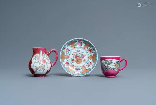 Lot 1001: THREE CHINESE FAMILLE ROSE RUBY-GROUND AND RUBY-BA...