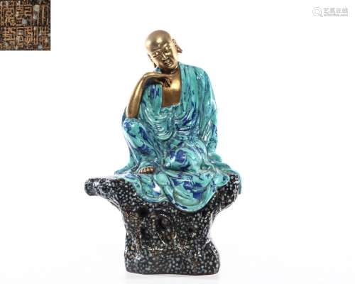 A Robins Egg and Gilt Seated Arhat Qing Dyn.