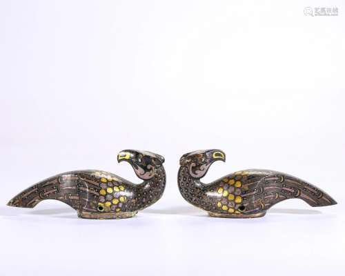 Pair Silver Inlaid and Partly Gilt Bronze Ornaments Han