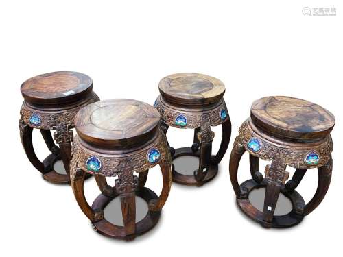 Set of Four Chinese Hardwood and Cloisonne Stools,
