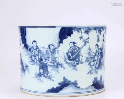 A Blue and White Figural Story Brushpot Qing Dyn.