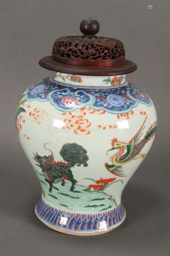 Chinese Kangxi Period Porcelain Jar and Wooden