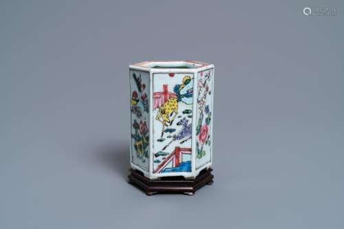 Lot 1036: A CHINESE HEXAGONAL FAMILLE ROSE BRUSH POT WITH DE...