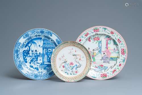 Lot 1044: THREE CHINESE BLUE AND WHITE AND FAMILLE ROSE DISH...