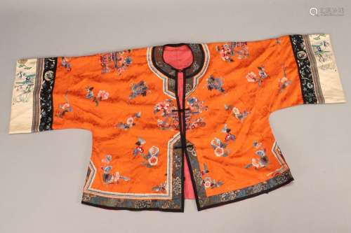 Chinese Late Qing Dynasty Orange Silk Damask