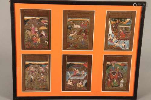 Framed Set of Six Indian Manuscript Illustrations,