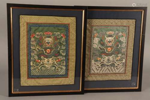 Framed Pair Chinese Late Qing Dynasty Embroidery