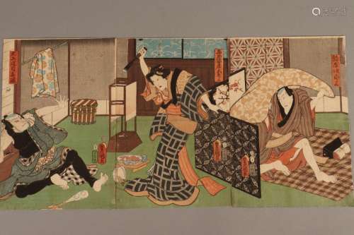 Original Japanese Woodblock Triptych Toyokuni III,