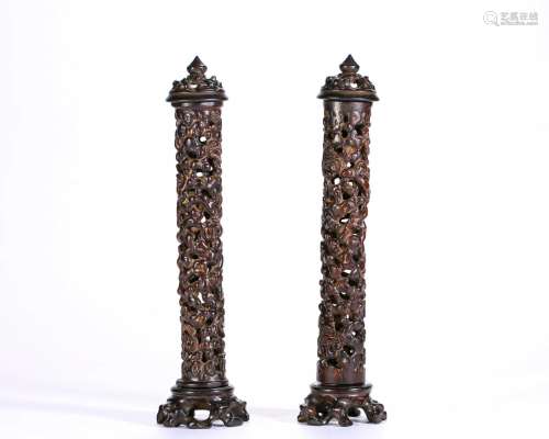 Pair Carved Rosewood Incense Burners Qing Dyn.