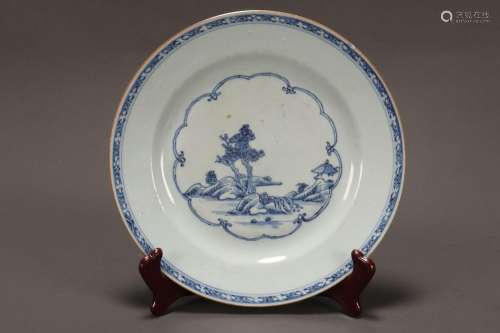 Chinese Qing Dynasty Blue & White Porcelain Plate,