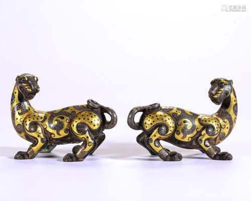 Pair Silver Inlaid and Partly Gilt Bronze Beasts Han