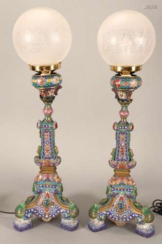 Pair of Chinese Cloisonne Temple Candlesticks,