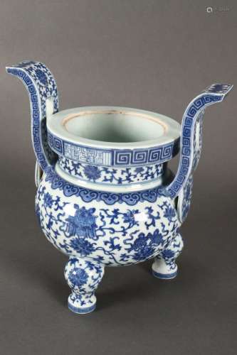 Chinese Blue and White Twin Handled Censer,