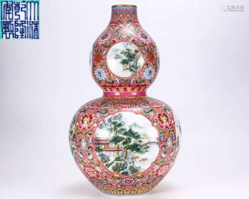 A Famille Rose Landscape Double Gourds Vase Qing Dyn.
