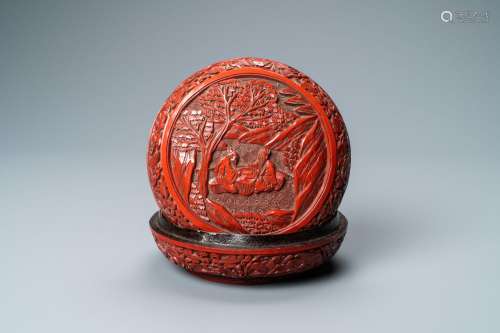 Lot 1073: A CHINESE ROUND CINNABAR LACQUER BOX AND COVER WIT...