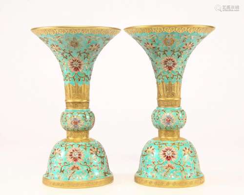 Pair Famille Rose and Gilt Beaker Vases Qing Dyn.