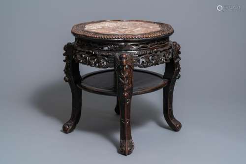 Lot 1087: A CHINESE CARVED WOODEN MARBLE TOP STAND, 19TH C.