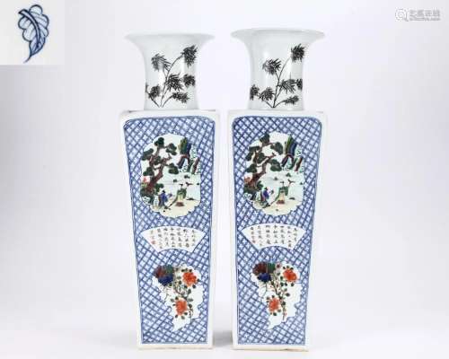 Pair Underglaze Blue and Famille Rose Vases Qing Dyn.