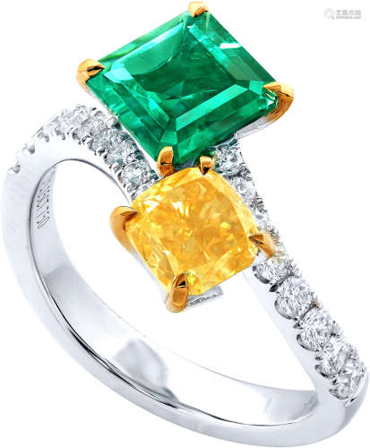 哥倫比亞天然祖母綠與濃彩橘黃彩鑽'TOI ET MOI'鑽石戒