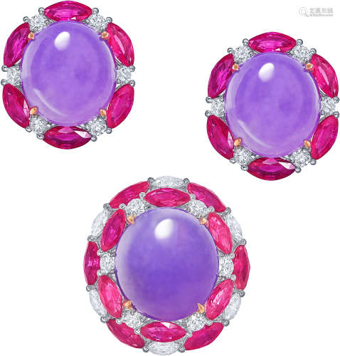 天然A貨紫羅蘭紅寶鑽石戒指與耳環套組