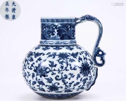A Blue and White Lotus Scrolls Ewer Qing Dyn.