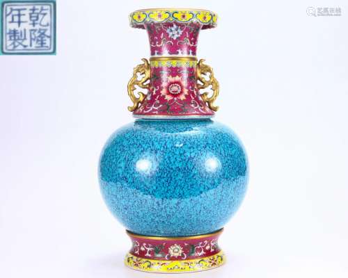 A Famille Rose and Robins Egg Vase Qing Dyn.