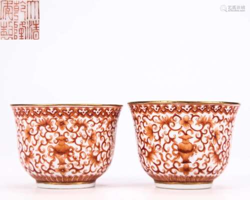 Pair Iron Red and Gilt Cups Qing Dyn.