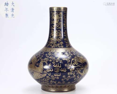 A Blue Glaze and Gilt Bottle Vase Qing Dyn.