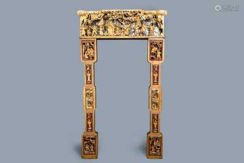 Lot 1099: A CHINESE GILDED WOOD CARVING ON MATCHING PILLARS,...