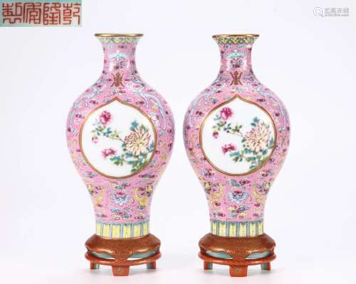 Pair Famille Rose Floral Vases Qing Dyn.