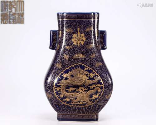 A Blue Glaze and Gilt Arrow Vase Qing Dyn.